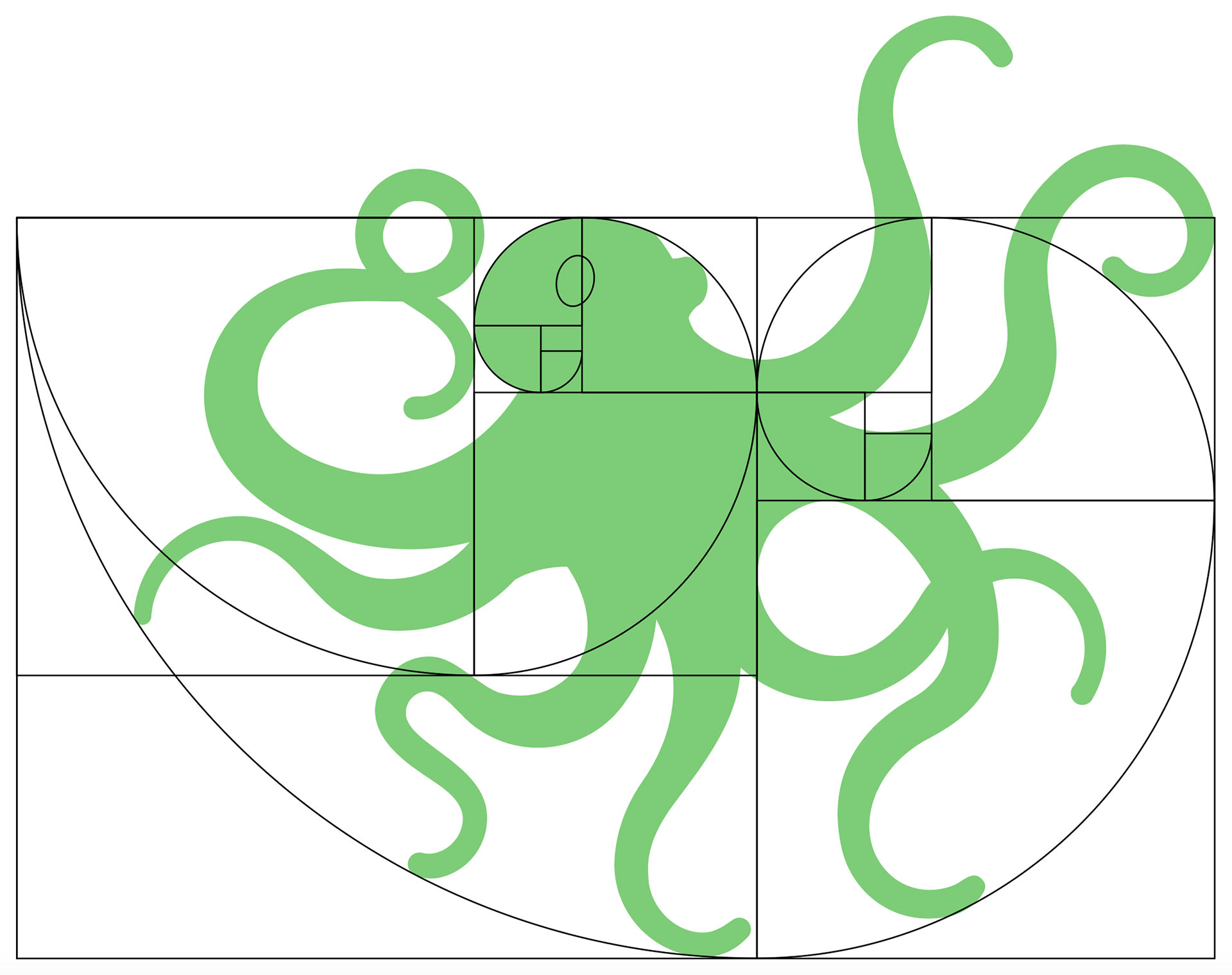 Grüner Oktopus in zwei goldenen Spiralen