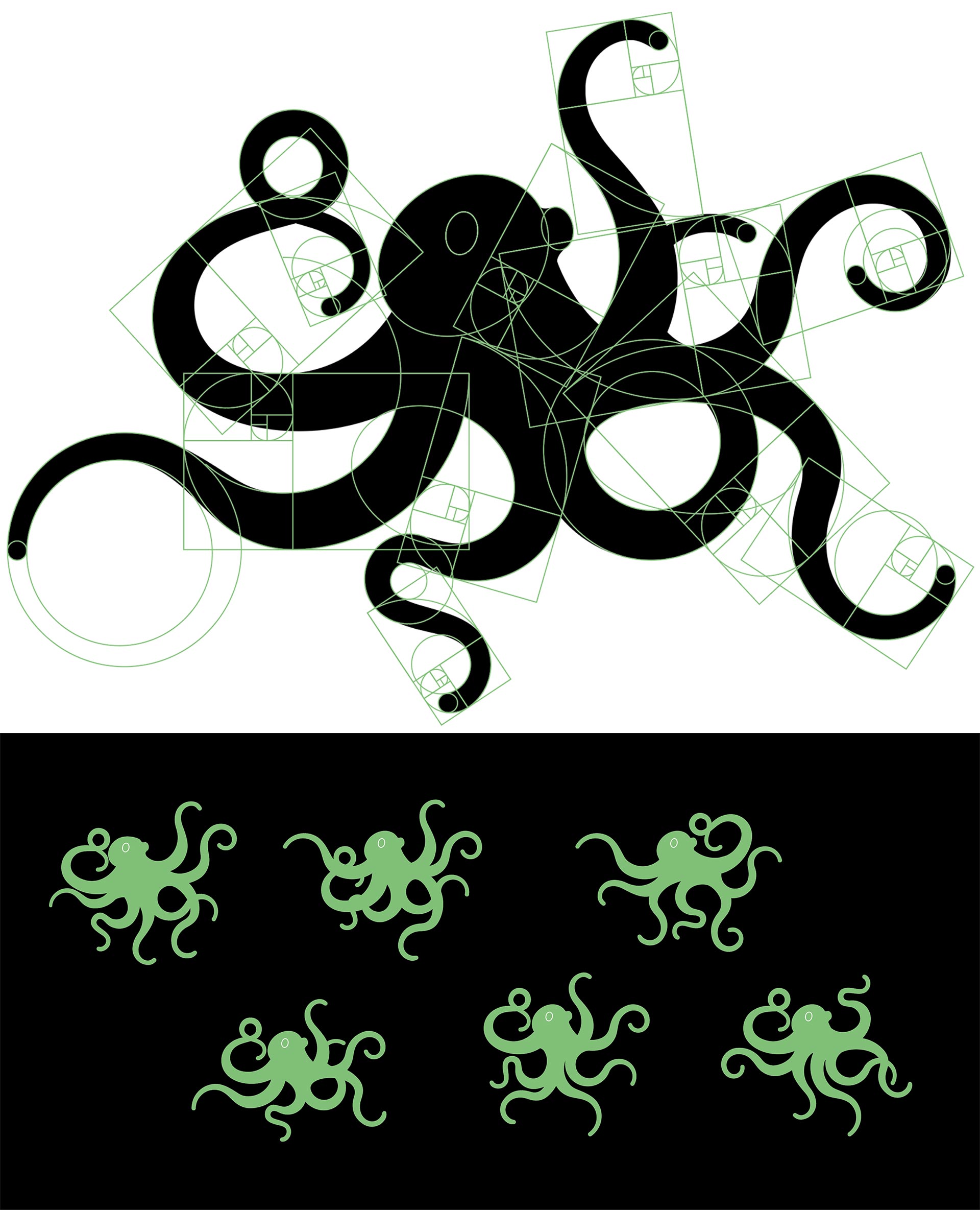 Schwarzer Oktopus mit grünen Goldene Spiralen und sechs grüne Oktopusse