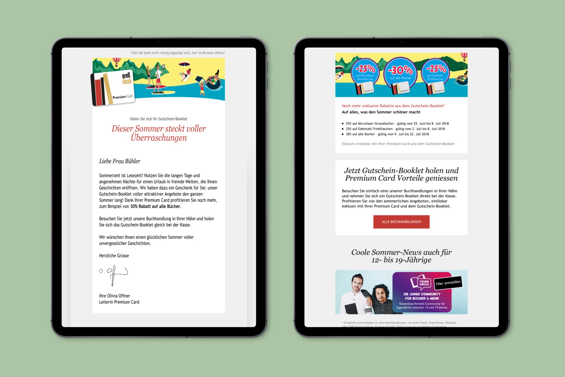 Zwei Tablets mit sommerlichem Newsletter für Orell Füssli Premium Card Besitzer