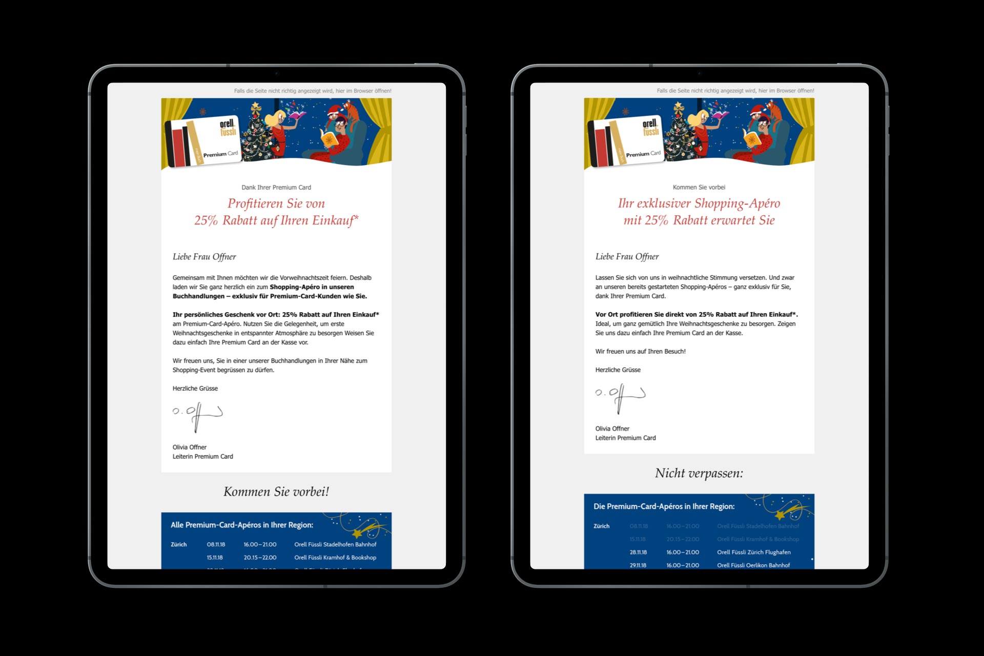 Zwei Tablets mit weihnachtlichem Newsletter für Orell Füssli Premium Card Besitzer