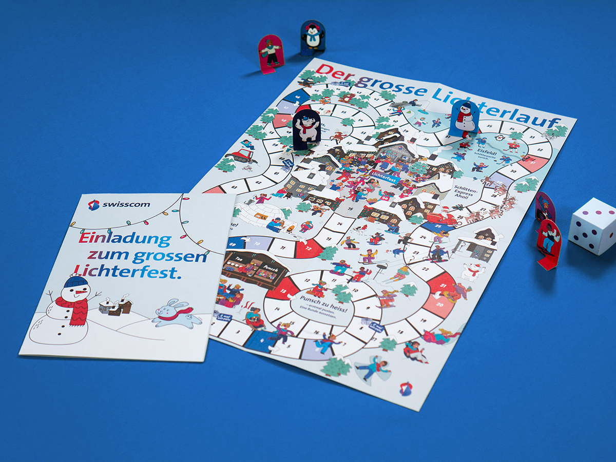 Direct Mailing mit illustriertem Leiterspiel, Spielfiguren und Würfel