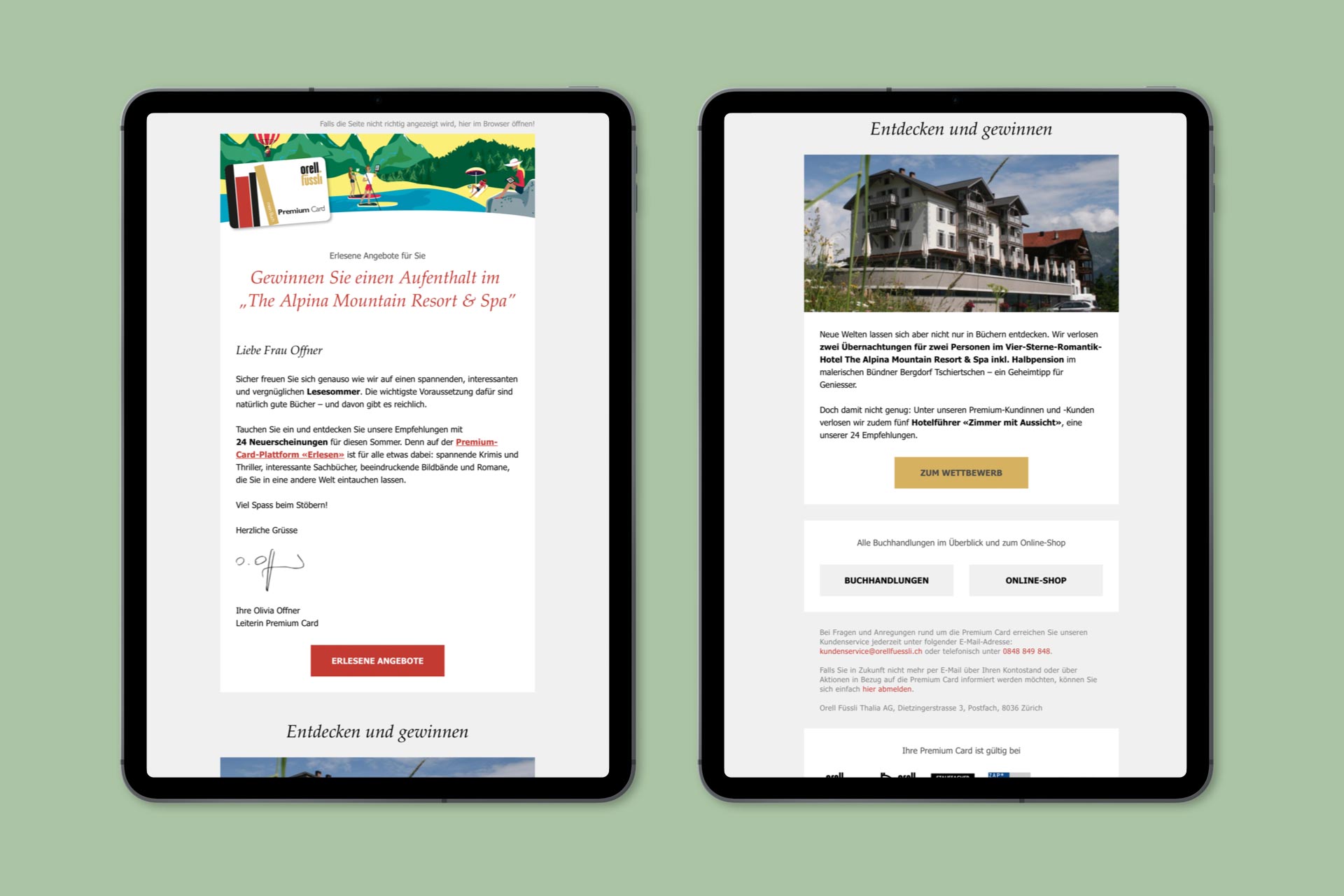 Zwei Tablets mit abenteuerlichem Newsletter für Orell Füssli Premium Card Besitzer