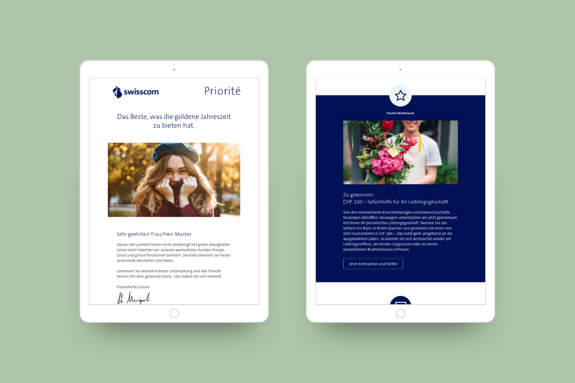 Zwei Tablet mit Swisscom Priorité Newsletter